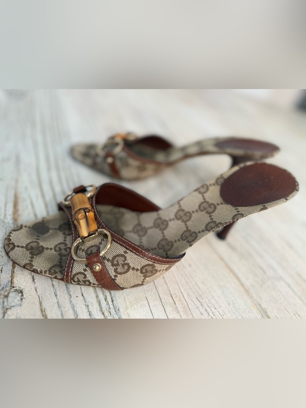 Women’s Gucci GG Bamboo fabric Sandals pumps size 8.5 - Picture 5 of 16